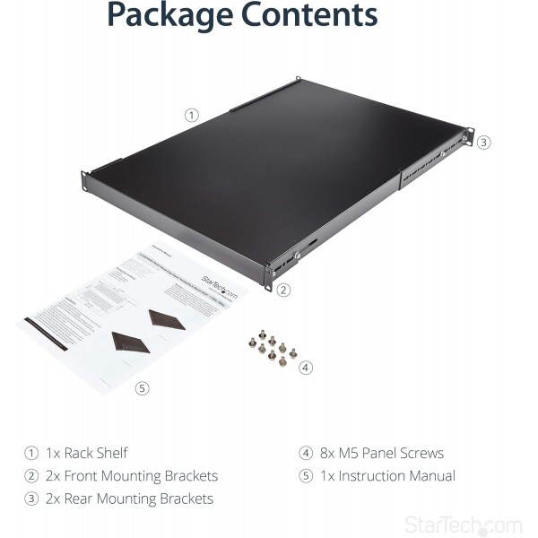 StarTech.com 1U 조절식 서버 랙 마운트 선반 - 175lbs - 19.5~38인치 19