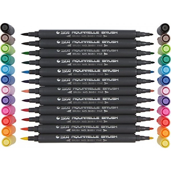 Yosoo 12/24/36/48 STA 마커 라이벌 신한 터치 브러시 스케치 펜 그래픽 수성 브러시 렌더링 성인용 색칠하기 책(12색)