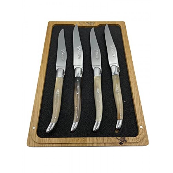 Laguiole en Aubrac 럭셔리 완전 단조 풀 탱 스테인레스 스틸 스테이크 나이프 솔리드 혼 핸들, 스테인레스 스틸 광택 볼스터가 포함된 4피스 세트