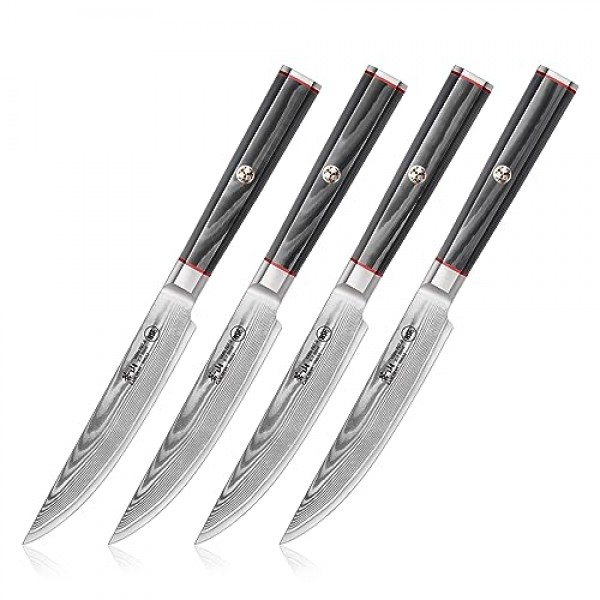 Cangshan YARI 시리즈 501325 X-7 다마스커스 강철 4피스 고급 가장자리 스테이크 칼 세트(재나무 상자 포함)