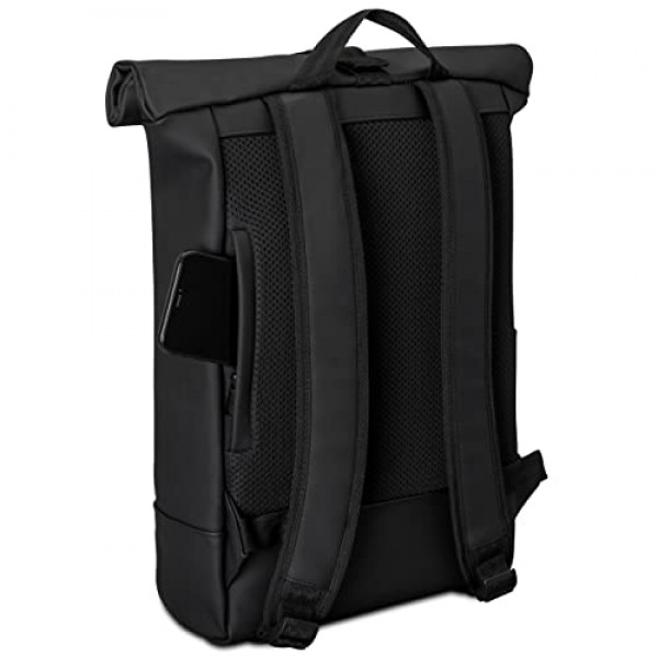 Johnny Urban Backpack 여성 및 남성 - Harvey - Uni Business City용 노트북 수납 공간이 있는 롤탑 - 15L - 무광 PU 코팅 - 방수 블랙