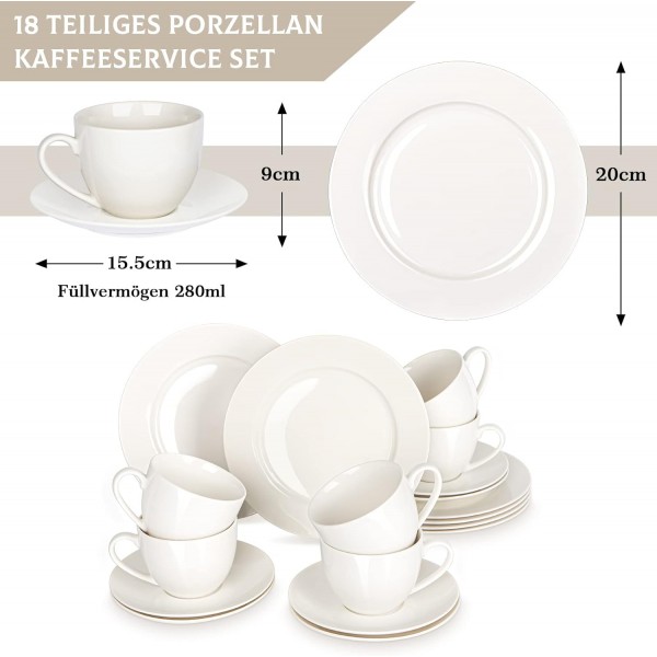 Coffee Service 모던 6인용 크림 화이트, 280 ml, 18피스 커피 식기 케이크 플레이트 커피 컵 세트, 소서 포함, 신툰스 식기 세트, 확장형, 일상생활, 조식 티 서비스, 선물