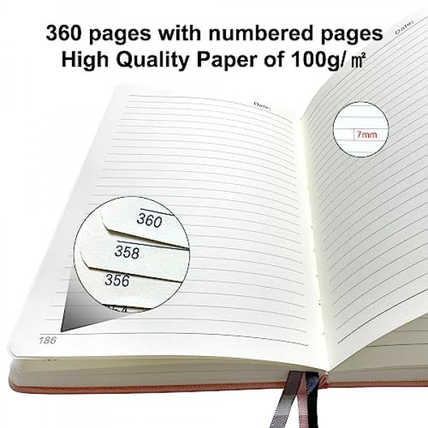 Mlife A5 줄 지어 저널 노트,-360 번호가 매겨진 페이지 쓰기를위한 두꺼운 저널, 100Gsm 프리미엄 두꺼운 종이, PU 하드 커버 노트 대학 통치, 남성 여성 학교 사무실을위한 