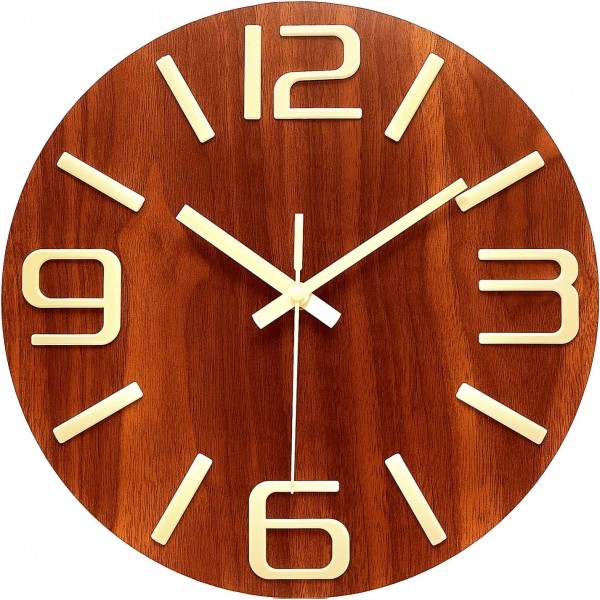 Plumeet Luminous Wall Clock - 30cm Silent Wooden Clock Fluorescent - 주방, 사무실 및 침실용 대형 장식용 벽시계(3D 숫자)