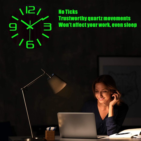 Plumeet Luminous Wall Clock - 30cm Silent Wooden Clock Fluorescent - 주방, 사무실 및 침실용 대형 장식용 벽시계(3D 숫자)