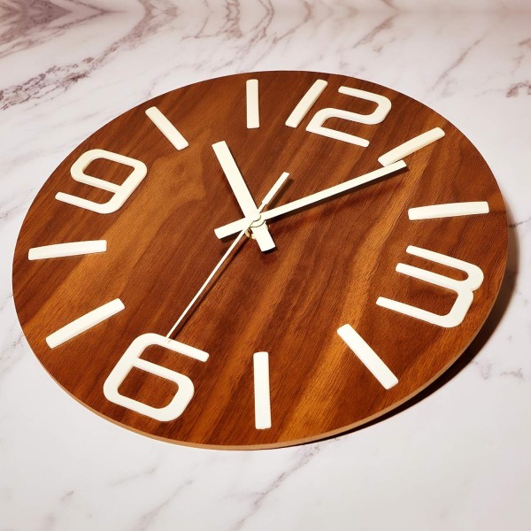 Plumeet Luminous Wall Clock - 30cm Silent Wooden Clock Fluorescent - 주방, 사무실 및 침실용 대형 장식용 벽시계(3D 숫자)