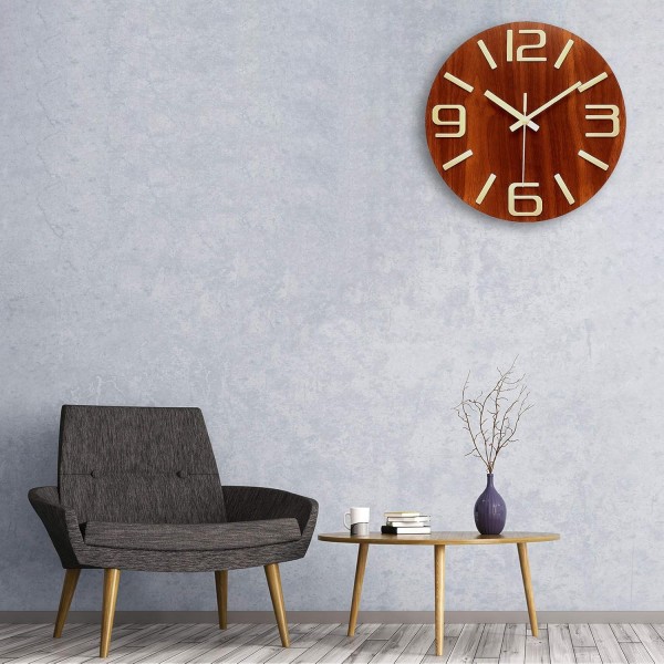 Plumeet Luminous Wall Clock - 30cm Silent Wooden Clock Fluorescent - 주방, 사무실 및 침실용 대형 장식용 벽시계(3D 숫자)