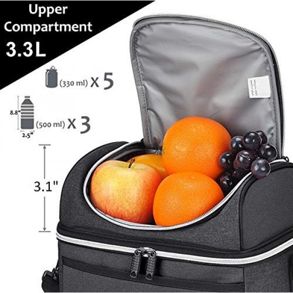 Kato Tirrinia 여성용 및 남성용 절연 도시락 가방 학교 및 작업용 누출 방지 열 도시락 쿨러 가방 숄더 스트랩 및 전면 포켓이 있는 이중 구획 옥스포드 천 블랙 10L 블랙 