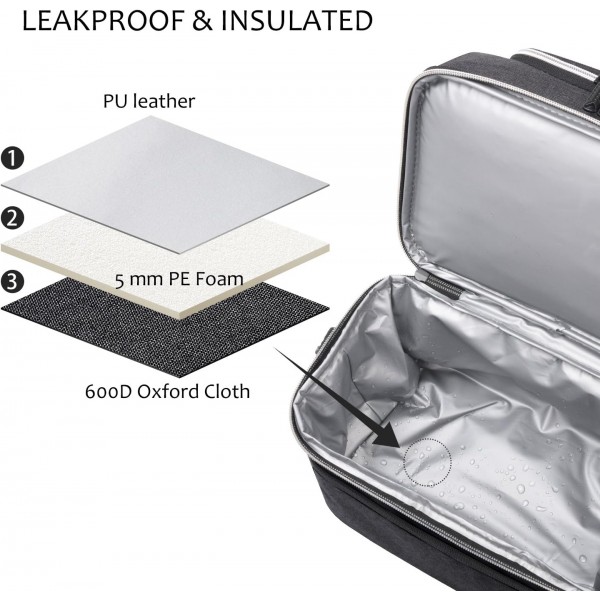 Kato Tirrinia 여성용 및 남성용 절연 도시락 가방 학교 및 작업용 누출 방지 열 도시락 쿨러 가방 숄더 스트랩 및 전면 포켓이 있는 이중 구획 옥스포드 천 블랙 10L 블랙 