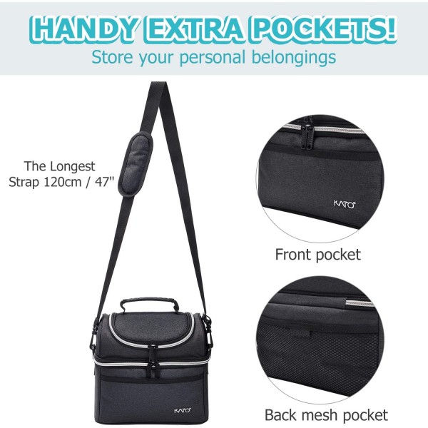 Kato Tirrinia 여성용 및 남성용 절연 도시락 가방 학교 및 작업용 누출 방지 열 도시락 쿨러 가방 숄더 스트랩 및 전면 포켓이 있는 이중 구획 옥스포드 천 블랙 10L 블랙 
