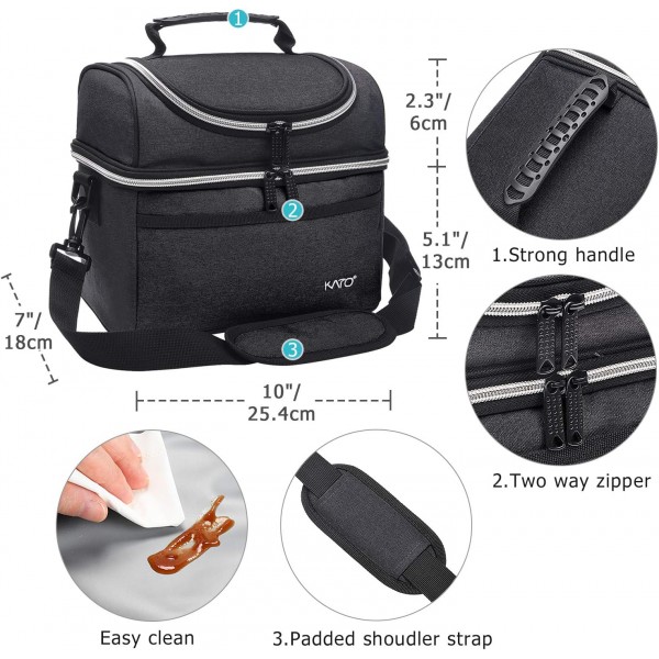 Kato Tirrinia 여성용 및 남성용 절연 도시락 가방 학교 및 작업용 누출 방지 열 도시락 쿨러 가방 숄더 스트랩 및 전면 포켓이 있는 이중 구획 옥스포드 천 블랙 10L 블랙 