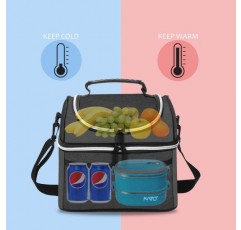 Kato Tirrinia 여성용 및 남성용 절연 도시락 가방 학교 및 작업용 누출 방지 열 도시락 쿨러 가방 숄더 스트랩 및 전면 포켓이 있는 이중 구획 옥스포드 천 블랙 10L 블랙 