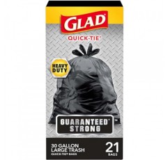 Glad는 강력한 대형 Quick-Tie 쓰레기 봉투를 보장합니다. 30갤런, 21개입