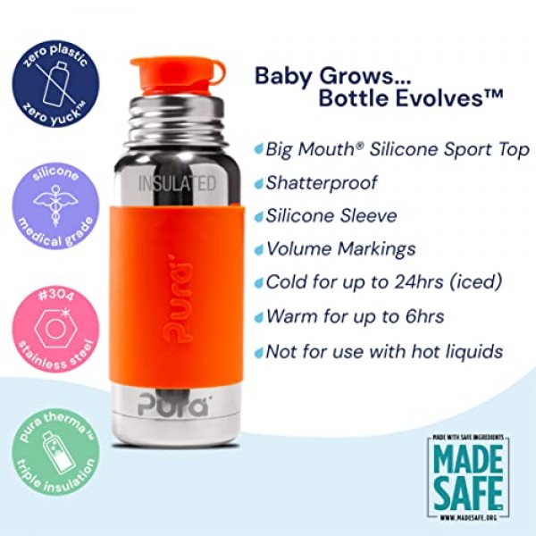 Pura Sport 16온스 진공 플라스크 스포츠 슬리브 및 큰 입 실리콘 스포츠 탑 스테인레스 스틸 누출 방지 및 어린이 유아 미취학 아동을 위한 누출 방지 - 아쿠아