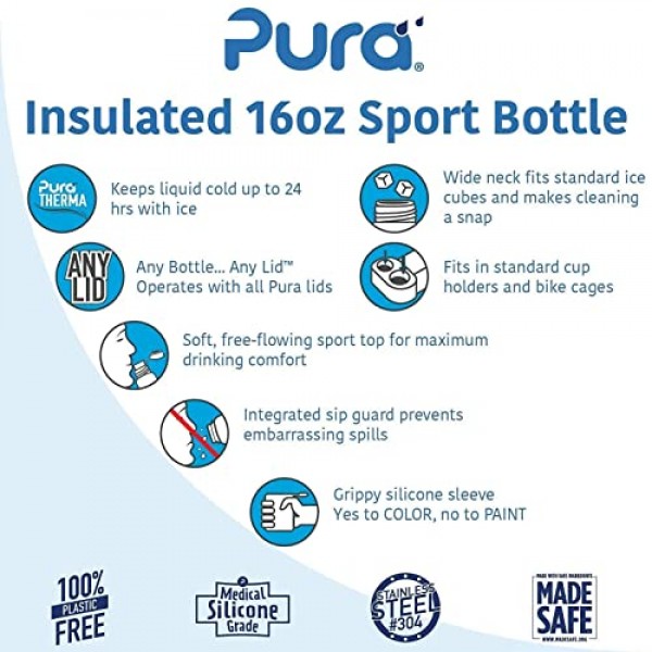 Pura Sport 16온스 진공 플라스크 스포츠 슬리브 및 큰 입 실리콘 스포츠 탑 스테인레스 스틸 누출 방지 및 어린이 유아 미취학 아동을 위한 누출 방지 - 아쿠아