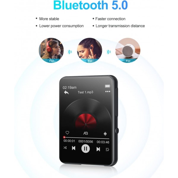 32GB MP3 플레이어 Bluetooth 5.0, HiFi 무손실 사운드 음악 플레이어, 스피커, 음성 녹음기, FM 라디오, 2.4인치 풀 터치 스크린 메탈 바디 MP3, 최대 128GB 다크 블랙/32GB 지원