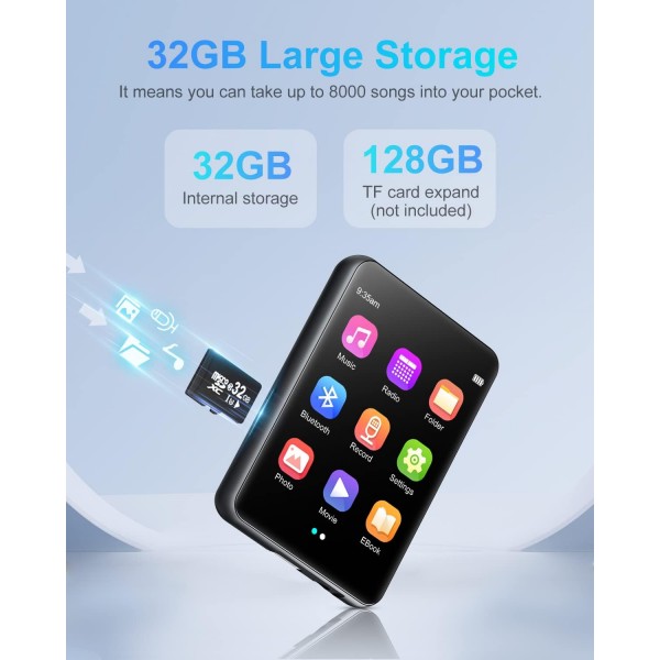 32GB MP3 플레이어 Bluetooth 5.0, HiFi 무손실 사운드 음악 플레이어, 스피커, 음성 녹음기, FM 라디오, 2.4인치 풀 터치 스크린 메탈 바디 MP3, 최대 128GB 다크 블랙/32GB 지원