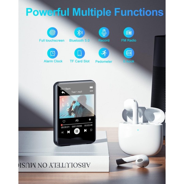 32GB MP3 플레이어 Bluetooth 5.0, HiFi 무손실 사운드 음악 플레이어, 스피커, 음성 녹음기, FM 라디오, 2.4인치 풀 터치 스크린 메탈 바디 MP3, 최대 128GB 다크 블랙/32GB 지원