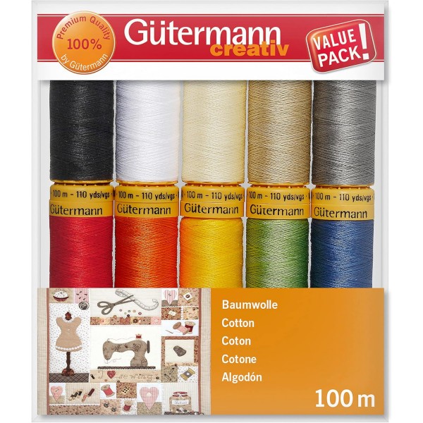 다양한 색상의 면 100m 스풀 10개가 있는 Gütermann creativ 재봉사 세트 10x 100m 멀티컬러