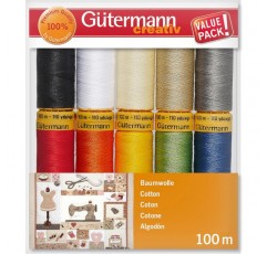 다양한 색상의 면 100m 스풀 10개가 있는 Gütermann creativ 재봉사 세트 10x 100m 멀티컬러
