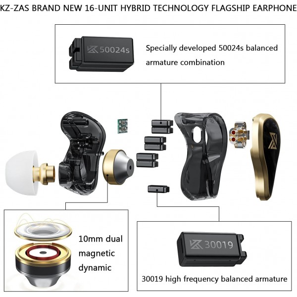KZ ZAS 인이어 모니터, 강력한 저음, 케이블 포함 인이어 헤드폰, 16개의 사운드 드라이브 유닛, 스튜디오용 HiFi 스테레오 헤드셋, 팟캐스트, 모니터, 휴대폰, PC, MP3/4(블