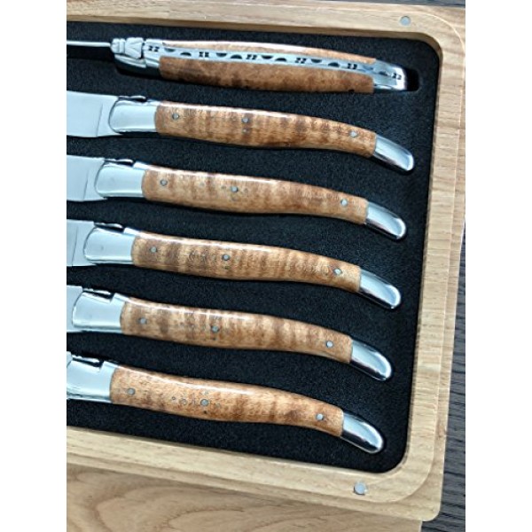 Laguiole en Aubrac 럭셔리 완전 단조 풀탱 스테인레스 스틸 스테이크 나이프 6피스 세트, 물결 모양의 단풍나무 손잡이, 스테인레스 스틸 샤이니 볼스터