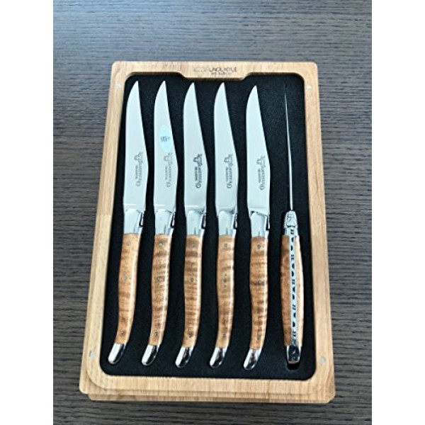 Laguiole en Aubrac 럭셔리 완전 단조 풀탱 스테인레스 스틸 스테이크 나이프 6피스 세트, 물결 모양의 단풍나무 손잡이, 스테인레스 스틸 샤이니 볼스터