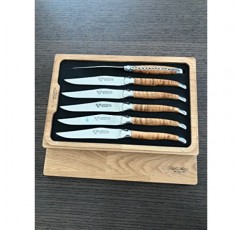 Laguiole en Aubrac 럭셔리 완전 단조 풀탱 스테인레스 스틸 스테이크 나이프 6피스 세트, 물결 모양의 단풍나무 손잡이, 스테인레스 스틸 샤이니 볼스터
