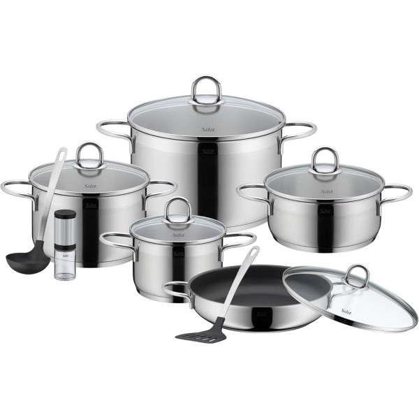 Silit Diamant 냄비 세트, 9개, 유리 뚜껑 포함, 서빙 팬, 주방용품, 그라인더, 유광 스테인리스 스틸, 코팅되지 않은 냄비 세트