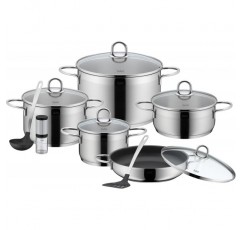 Silit Diamant 냄비 세트, 9개, 유리 뚜껑 포함, 서빙 팬, 주방용품, 그라인더, 유광 스테인리스 스틸, 코팅되지 않은 냄비 세트