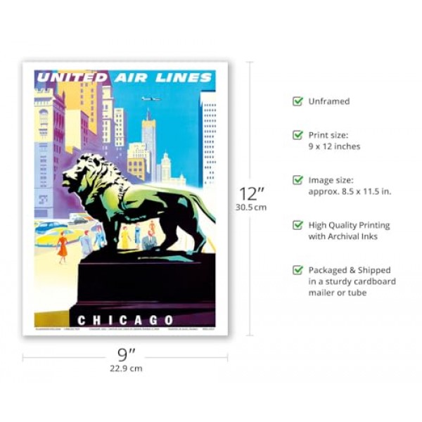 미국 시카고 - 청동 사자 조각상 - 시카고 미술관 - 유나이티드 항공 - 1958년경 조셉 바인더의 빈티지 항공 여행 포스터 - 마스터 아트 프린트(프레임 없음) 9인치 x 12인