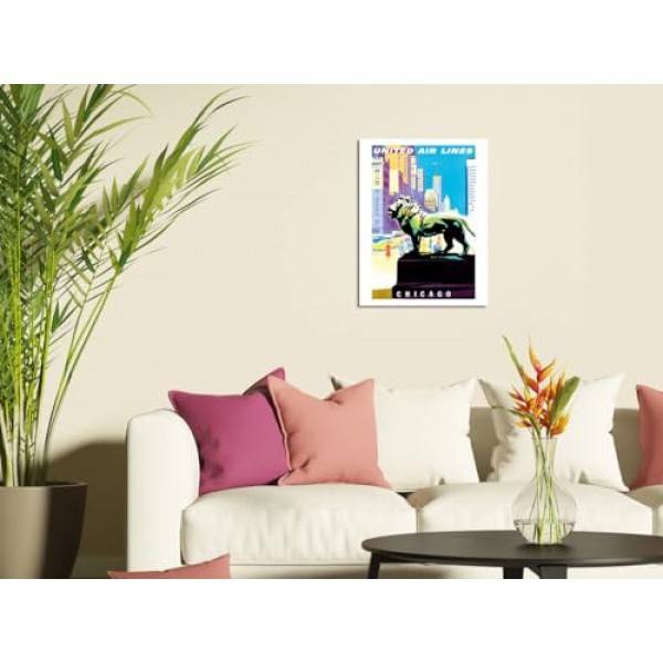 미국 시카고 - 청동 사자 조각상 - 시카고 미술관 - 유나이티드 항공 - 1958년경 조셉 바인더의 빈티지 항공 여행 포스터 - 마스터 아트 프린트(프레임 없음) 9인치 x 12인