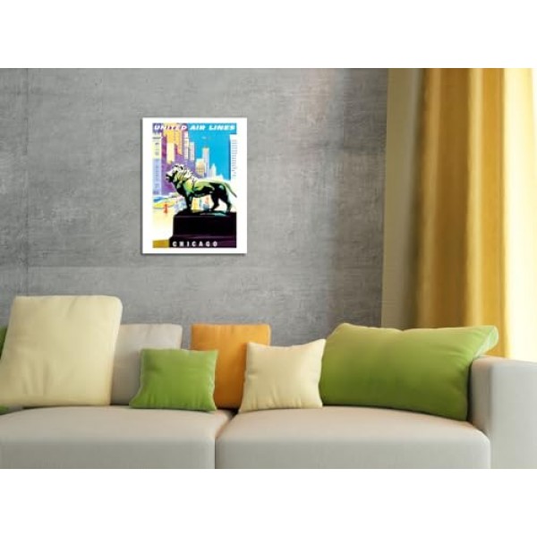 미국 시카고 - 청동 사자 조각상 - 시카고 미술관 - 유나이티드 항공 - 1958년경 조셉 바인더의 빈티지 항공 여행 포스터 - 마스터 아트 프린트(프레임 없음) 9인치 x 12인