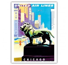 미국 시카고 - 청동 사자 조각상 - 시카고 미술관 - 유나이티드 항공 - 1958년경 조셉 바인더의 빈티지 항공 여행 포스터 - 마스터 아트 프린트(프레임 없음) 9인치 x 12인