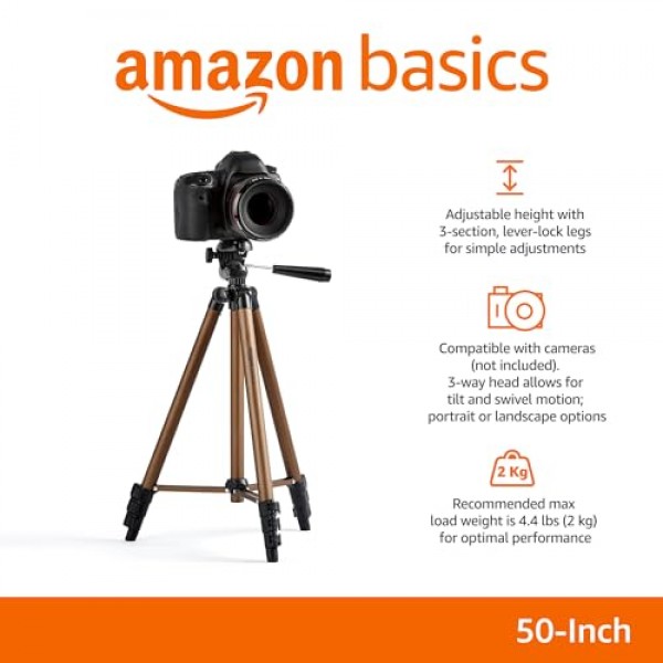 Amazon Basics 50인치 경량 카메라 마운트 삼각대 스탠드(가방 포함), 블랙/브라운