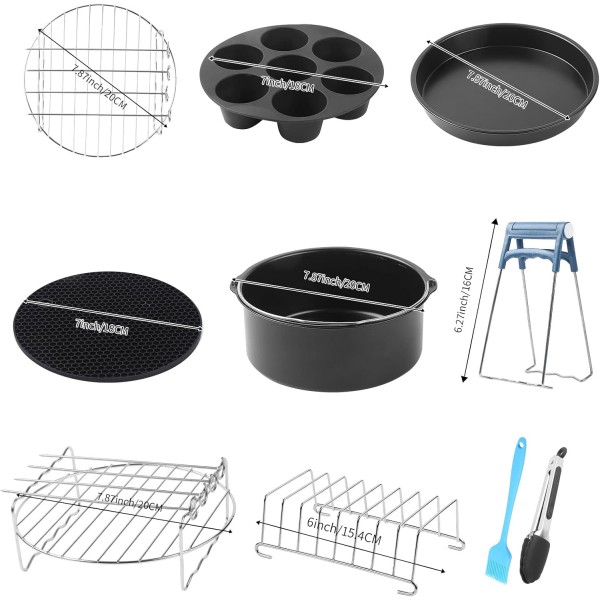 Cosori Ninja Salter Tefal 4.2L-5.5L, Philips 6.2L-7L, 타워 5L-5.7L, 달걀 모양, 꼬치 랙 등에 적합한 ZENMAG 8 13피스 에어 프라이어 액세서리 세트