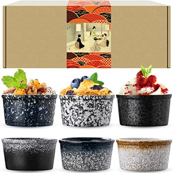 Artcome 5oz 6Pcs 세라믹 라메킨 세트 - 푸딩, 크림 브륄레, 라바 케이크, 커스터드 컵, 수플레, 도자기 디핑 소스 그릇, 일본식 푸딩 컵, 식기 세척기 전자레인지 및 오븐용