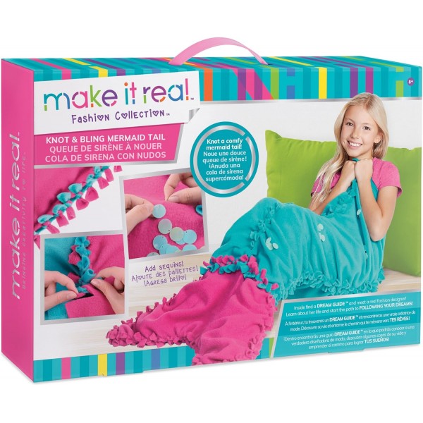 Make It Real – Knot & Bling 머메이드 테일 블랭킷. 교육용 DIY 예술 및 공예 키트는 아이들이 매듭이 있는 양털 & 스팽글 인어 꼬리 웨어러블 담요를 만드는 방법을 안내합
