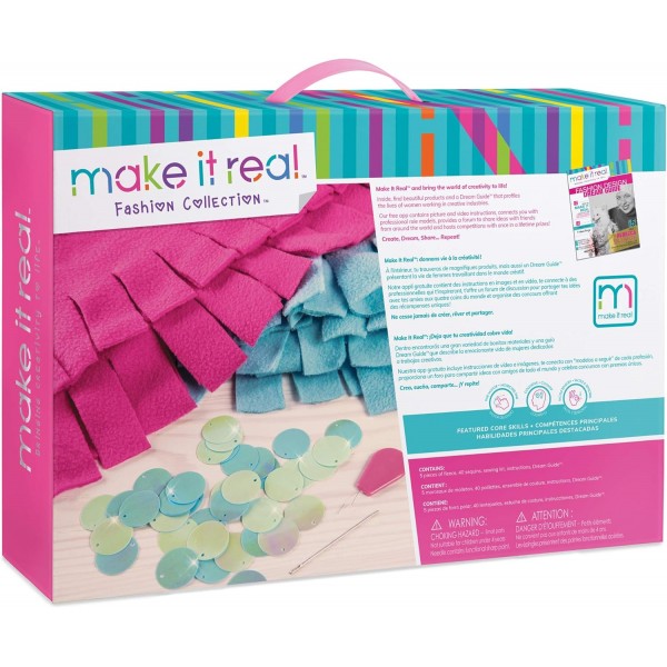 Make It Real – Knot & Bling 머메이드 테일 블랭킷. 교육용 DIY 예술 및 공예 키트는 아이들이 매듭이 있는 양털 & 스팽글 인어 꼬리 웨어러블 담요를 만드는 방법을 안내합