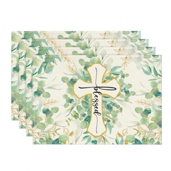 Artoid 모드 축복받은 십자가 유칼립투스 여름 플레이스 매트 파티 주방 식사 장식을위한 4, 12x18 인치 휴일 테이블 매트 세트 녹색