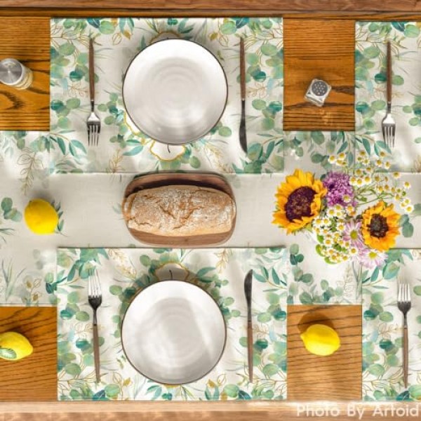 Artoid 모드 축복받은 십자가 유칼립투스 여름 플레이스 매트 파티 주방 식사 장식을위한 4, 12x18 인치 휴일 테이블 매트 세트 녹색