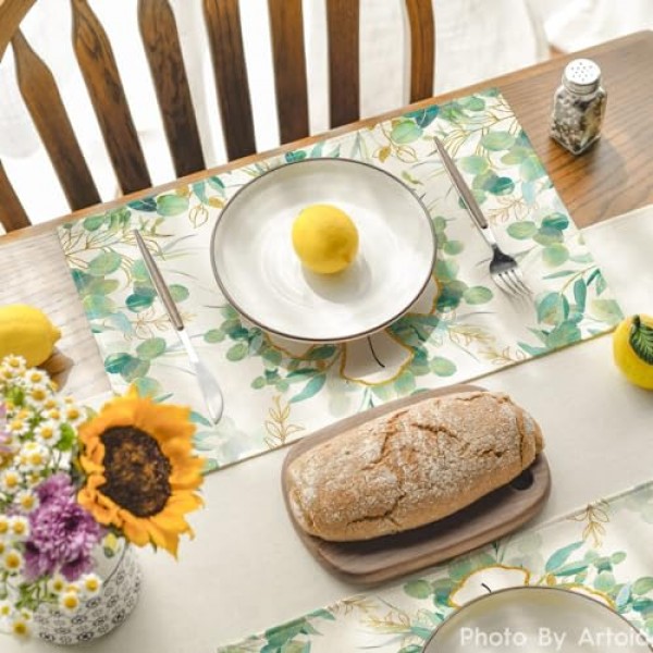 Artoid 모드 축복받은 십자가 유칼립투스 여름 플레이스 매트 파티 주방 식사 장식을위한 4, 12x18 인치 휴일 테이블 매트 세트 녹색