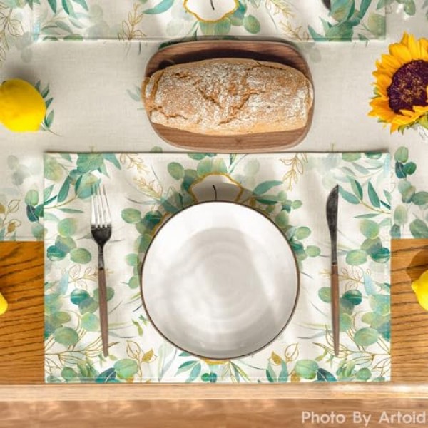 Artoid 모드 축복받은 십자가 유칼립투스 여름 플레이스 매트 파티 주방 식사 장식을위한 4, 12x18 인치 휴일 테이블 매트 세트 녹색