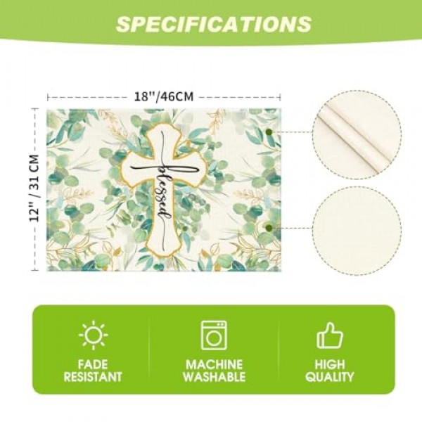 Artoid 모드 축복받은 십자가 유칼립투스 여름 플레이스 매트 파티 주방 식사 장식을위한 4, 12x18 인치 휴일 테이블 매트 세트 녹색