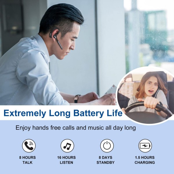 CVC8.0 듀얼 마이크 노이즈 캔슬링 기능이 있는 Bluetooth 헤드셋, iPhone용 무선 헤드폰 V5.0 무선 헤드셋 휴대 전화 Samsung 스마트폰 운전 비즈니스 사무실, 선명한 채팅, 슈