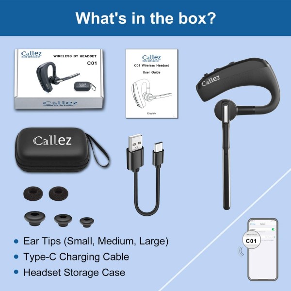 CVC8.0 듀얼 마이크 노이즈 캔슬링 기능이 있는 Bluetooth 헤드셋, iPhone용 무선 헤드폰 V5.0 무선 헤드셋 휴대 전화 Samsung 스마트폰 운전 비즈니스 사무실, 선명한 채팅, 슈