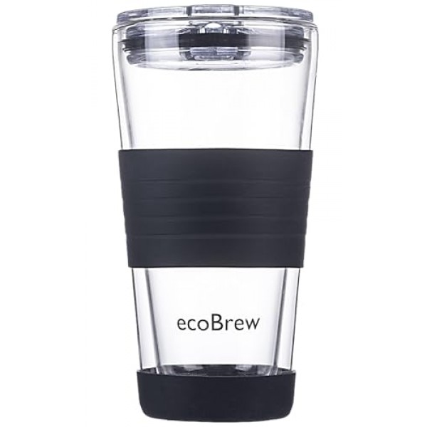 ecoBrew 16oz 이중벽 유리 텀블러(뚜껑 포함), 유리 여행용 머그, 식기세척기 사용 가능 및 전자레인지 사용이 가능한 투명 커피 텀블러(뚜껑 포함), 재사용 가능한 세라믹