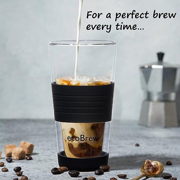 ecoBrew 16oz 이중벽 유리 텀블러(뚜껑 포함), 유리 여행용 머그, 식기세척기 사용 가능 및 전자레인지 사용이 가능한 투명 커피 텀블러(뚜껑 포함), 재사용 가능한 세라믹