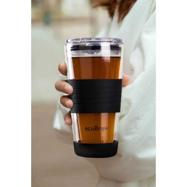 ecoBrew 16oz 이중벽 유리 텀블러(뚜껑 포함), 유리 여행용 머그, 식기세척기 사용 가능 및 전자레인지 사용이 가능한 투명 커피 텀블러(뚜껑 포함), 재사용 가능한 세라믹