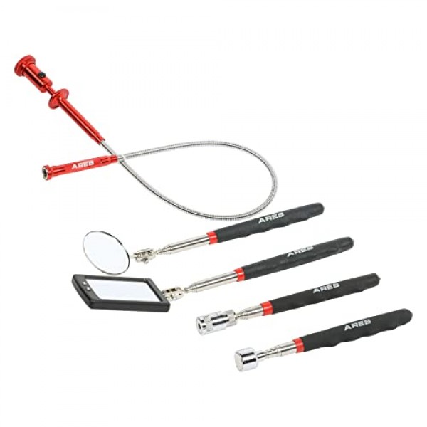 ARES 10094 – 5피스 자기 픽업 및 검사 도구 세트 – 가시성 향상을 위한 LED 조명이 있는 픽업 도구 및 검사 거울 – 분실된 키, 도구 부품, 볼트, 패스너 등 검색